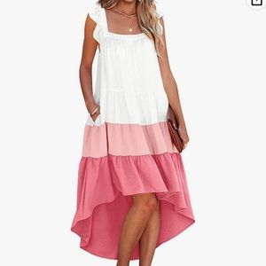 White & Pink Colorblock High-low Dress